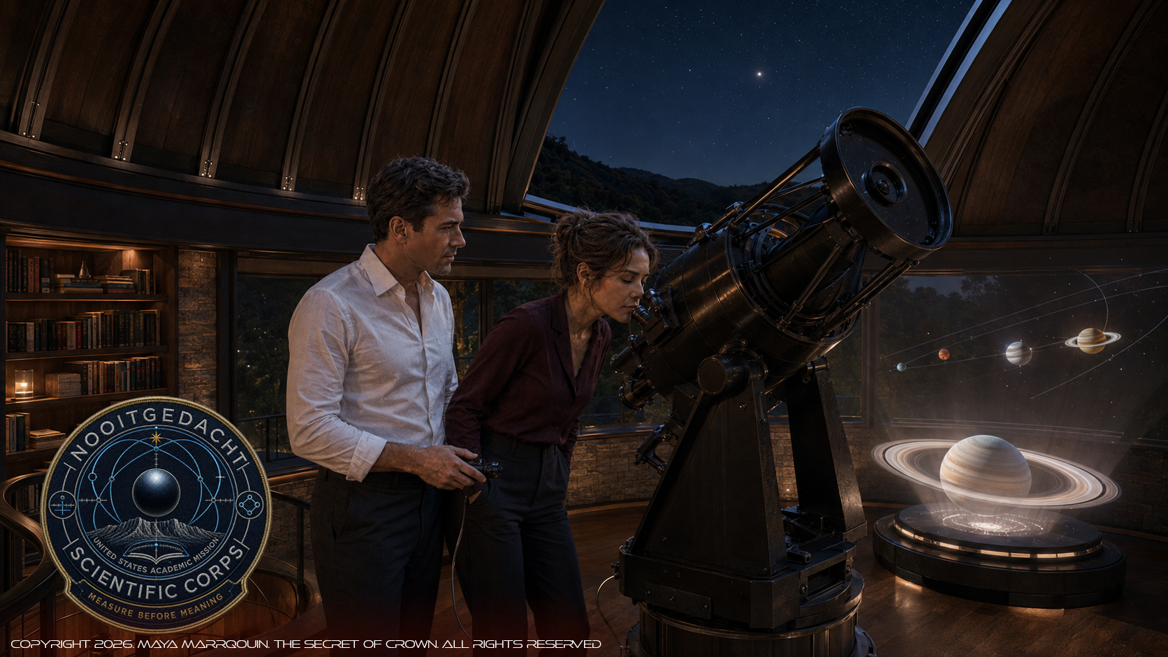 Elias Rourke and Dr. Sophie Hartmann at a large reflecting telescope inside a private observatory, with a holographic ringed planet glowing beside them and the Nooitgedacht Scientific Corps seal nearby
