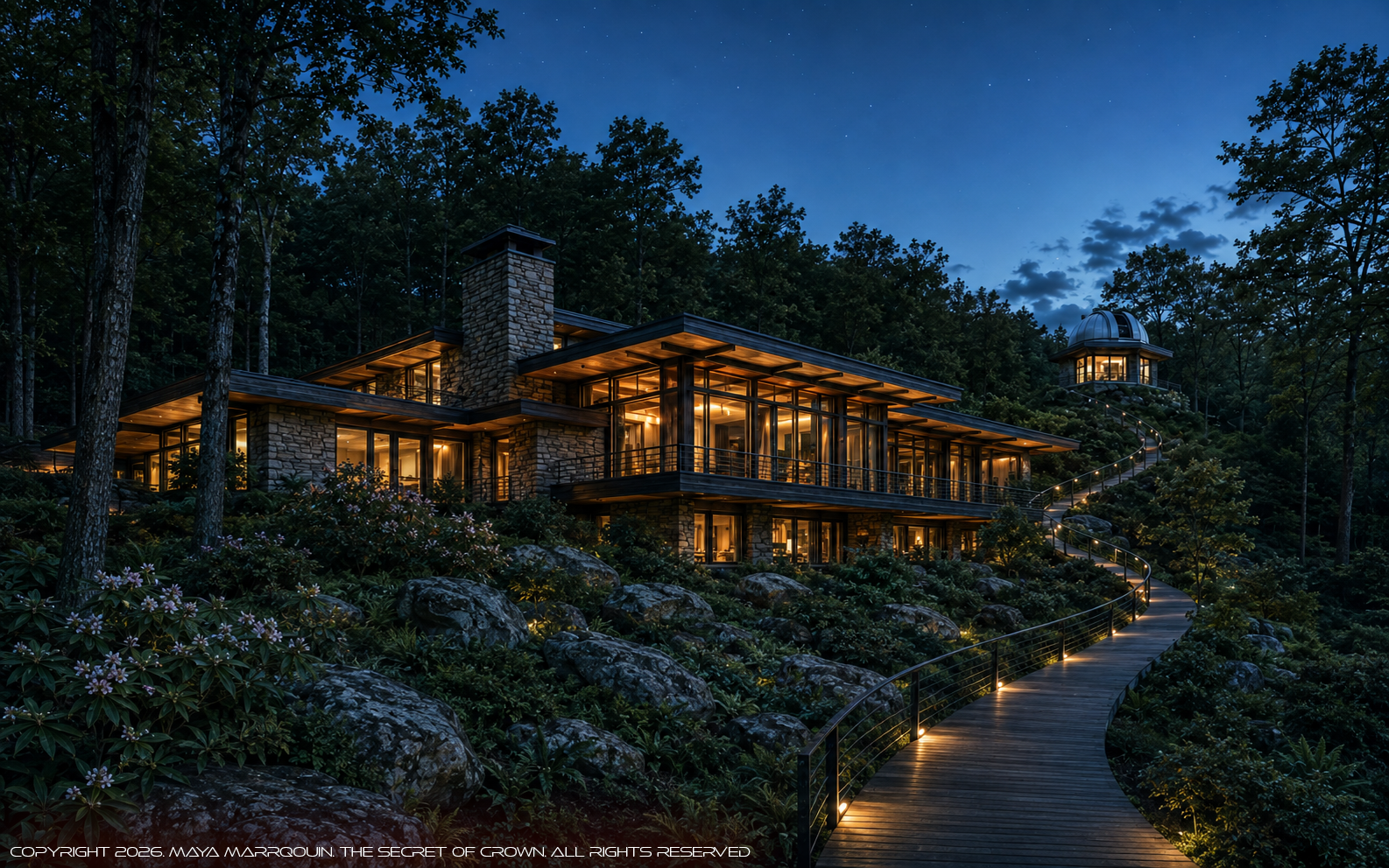 A stone-and-timber house lit from within at night, set among West Virginia forest with a lit footpath climbing to a small private observatory dome