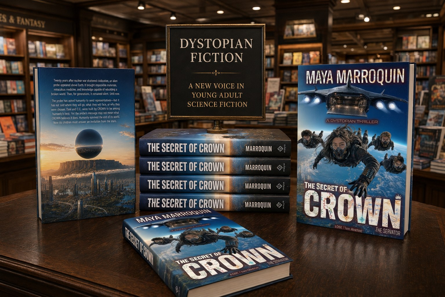 The Secret of CROWN displayed in a bookshop, front cover, back cover, and stacked copies